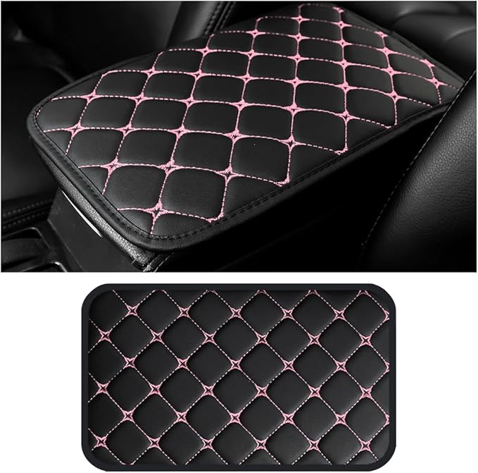 HZEL Car Center Console Cushion Pad, PU Leather Vehicle Armrest Protection Cover, Waterproof Automotive Interior Arm Rest Seat Box Mat Accessories, Universal for SUV, Sedan, Truck (Black/Pink)