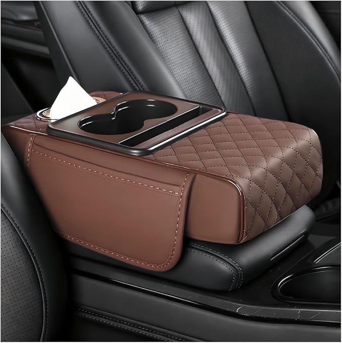 Car Armrest Cushion, 5-in-1 Nappa Leather Vehicle Centre Console Cover with 2 Storage Pockets, Cup Phone & Phone Holder, Multifunctional Auto Organiser Accessories, Universal Fit (Coffee)