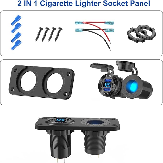 2025 Upgraded 4 Port 12 Volt USB Outlet Cigarette Lighter Socket Panel, Dual PD3.0 and Dual QC3.0 USB Ports Aluminum Car Charger with Voltmeter, Lighted 150W Socket, 2 in 1 DIY Kit for Boat RV, etc.
