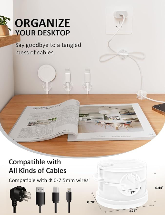 Magnetic Cord Holder for Desk & Nightstand, 7-Pack 360° Rotatable Cable Clips Organizer - Strong Adhesive Fits 8mm Lots for Phone Charger Cords & Wires, Clear