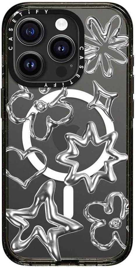 CASETiFY Impact iPhone 15 Pro Case [4X Military Grade Drop Tested / 8.2ft Drop Protection/Compatible with Magsafe] Chrome Doodles - Clear Black