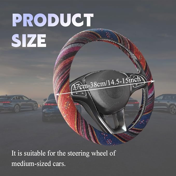 Boho Steering Wheel Cover, Steering Wheel Cover Women, 15 inch Hippie Style Protector Covers, Universal Ethnic Flax Cloth Car Accessories Universal for SUV Van Truck (Hippie-C)