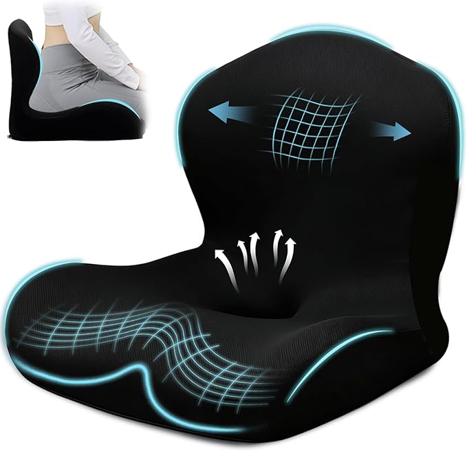 Seat Cushion for Office Chair and Car, L-Shaped Ergonomic Car Seat Cushions, Memory Foam Chair Cushion, Lumbar Support Pillow for Wheelchair, Car, Home, Office, Desk, Black