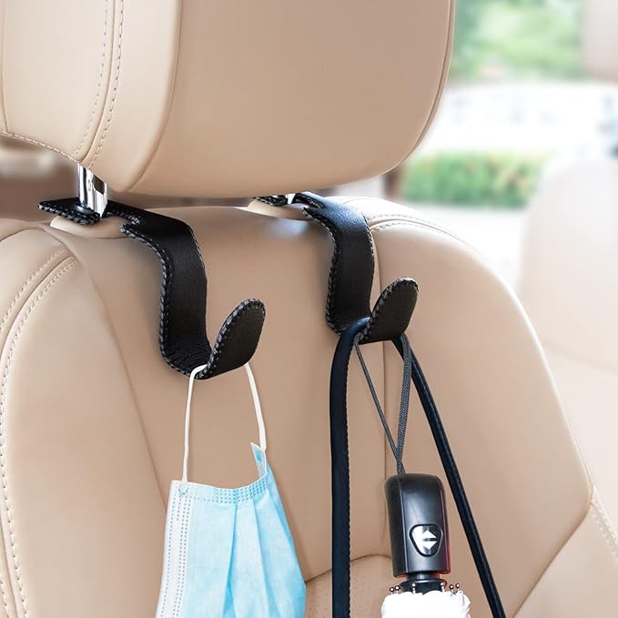 Headrest Hooks for Car, Car Purse Hook Holder,2 PCS Leather Purse Holder for Car,Car Back Seat Headrest Hanger Vehicle Black Leather Storage