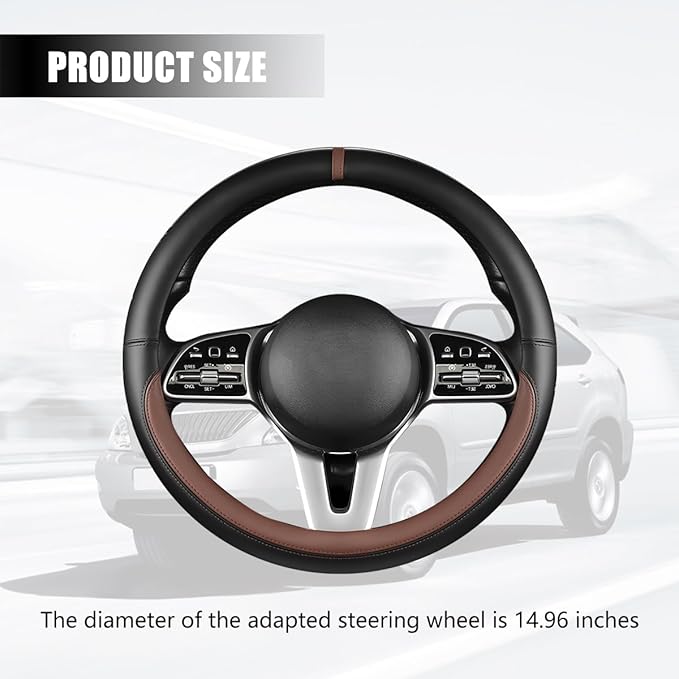 Car Steering Wheel Cover, 15 Inch Leather Anti-Slip Breathable Vehicle Steering Wheel Protector, Automotive Interior Protection Accessories, Universal for SUV Sedan Truck (Black/Coffee)