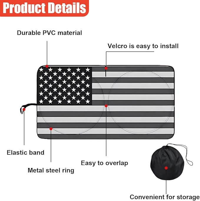 American Flag Car Windshield Sun Shade, Foldable Car Front Window Sunshade for Cars SUV Truck, Auto Interior Sun Protection Cover, Blocks UV Rays & Keeps Your Vehicle Cool (Black, L)