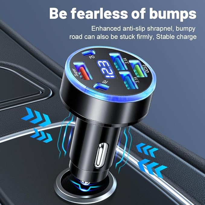 Super Fast Charging 150W 6-Port USB C Car Charger Adapter with Voltmeter, 2PD +2USB 3.1A + QC3.0 &Super Multi Port Cigarette Lighter USB Charger for iPhone, Android, Samsung, iPad Pro