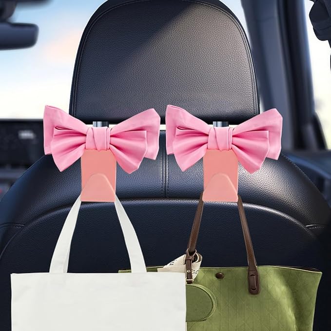 2PCS Car Purse Hooks, Car Hooks for Purses and Bags Cute, Cute Bow Shaped Vehicle Backseat Storage Hanger, Auto Leather Bow Back Seat Storage Hanging Holder Universal for Women Girls (Pink)