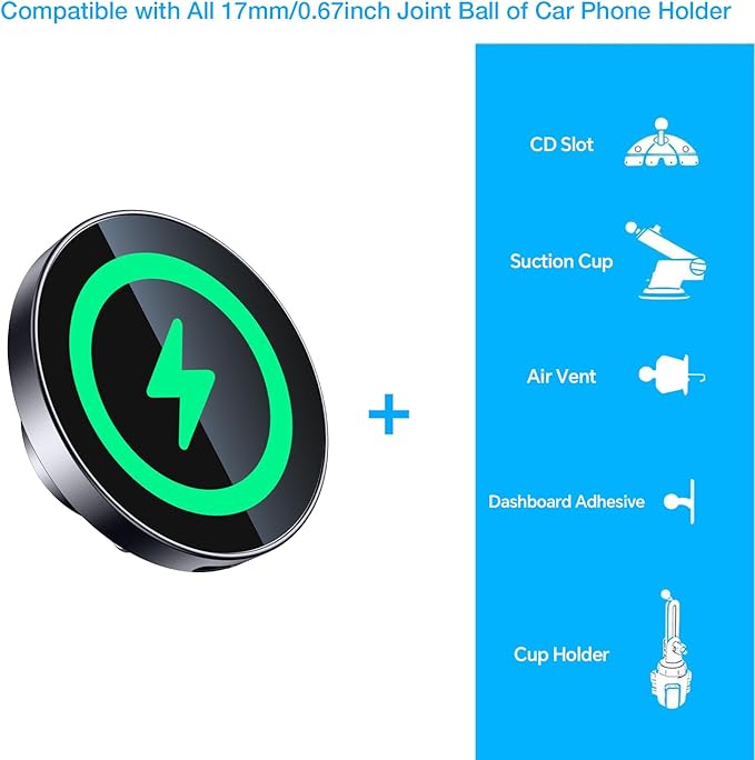 Coolpow for Magsafe Wireless Car Charger Magnetic Wireless Charging Phone Holder with 20mm Ball Mount【Super Magnet】 Magnetic Ball Mount Adapter 20mm Ball Joint Compatible with Bulletpoint Mounting