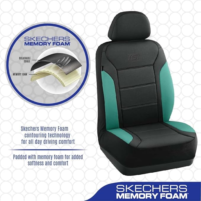 Skechers Memory Foam Car Seat Covers, Lycra Fabric Seat Covers Thick Memory Foam, Front Car Seat Protector, Airbag Compatible, Automotive Comfort Protection for Most Cars,Trucks, SUVs,Green