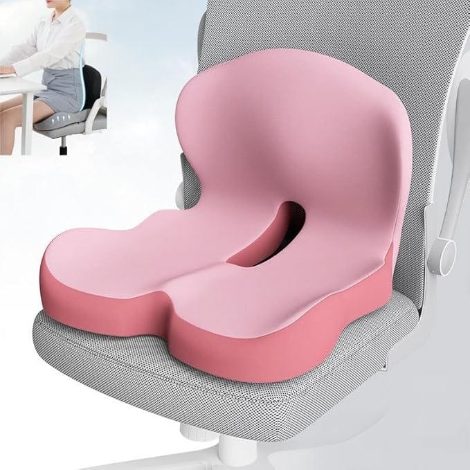 L-Shaped Memory Foam Seat Cushion with Lumbar Support-Ergonomic Car & Office Chair Cushion for Sciatica, Coccyx & Back Pain Relief Supports Hips & Back for Drivers & Long Sitting (Red Pink)