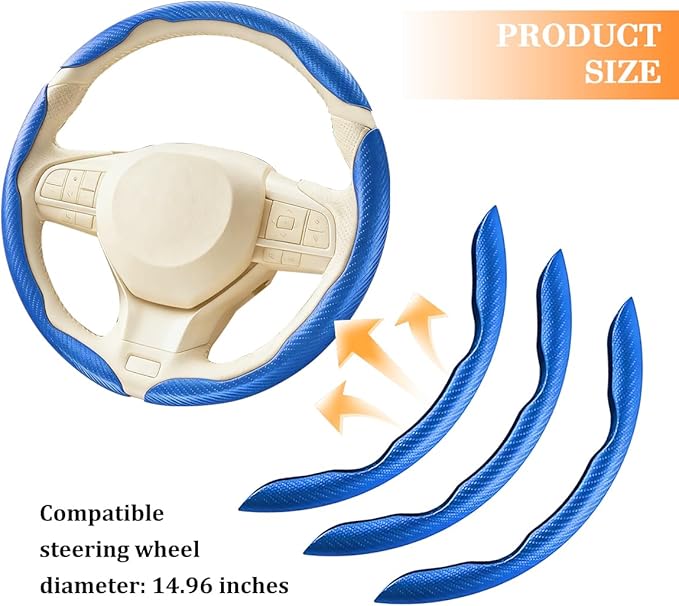3PCS Carbon Fiber Car Steering Wheel Cover, Leather Segmented Anti-Skid Steering Wheel Protector, Snap on Automotive Interior Protection Accessories, Universal for Vehicles (Blue)