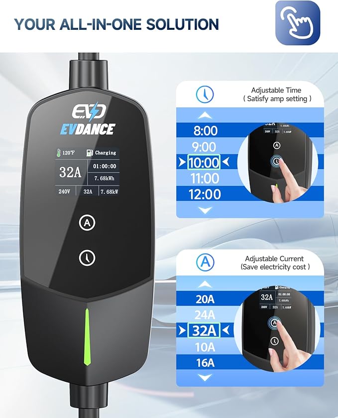 EVDANCE Level 2 EV Charger (32Amp, 240V, NEMA 14-50P), 7.68kW Fast Portable & Home Electric Car Charger with 25ft Cable, Adjustable Current/Delay Chargin for J1772 EVs