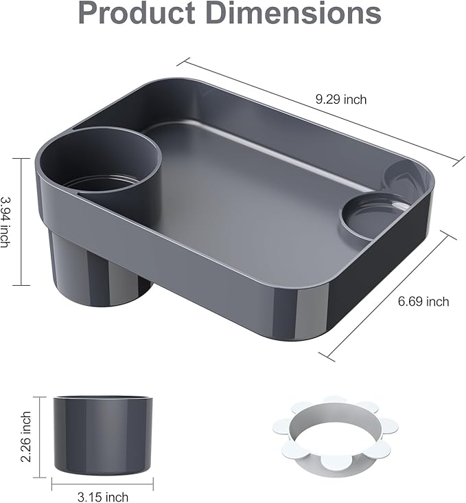 Car Seat Snack Tray for Toddlers - 3 Inch Cup Holder Fits Most Sippy Cups & Straw Bottles with Dip Well, Mess-Free Square Kids Travel Tray Road Trip Essentials, Dark Grey