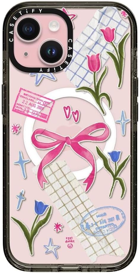 CASETiFY Impact iPhone 15 Case [Slim/Compatible with Magsafe / 8.2 ft. 4X Military Grade Drop Protection] - Ribbons and Tulips - Clear Black
