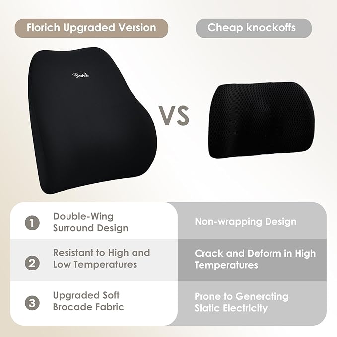 FLORICH Car Seat Cushion and Lumbar Support Pillow, Ergonomic Memory Foam Driving Seat Cushions for Back & Sciatica Pain Relief, Non-Slip Cushion for Car, Office, Truck, Wheelchair, Gaming Chair-Black