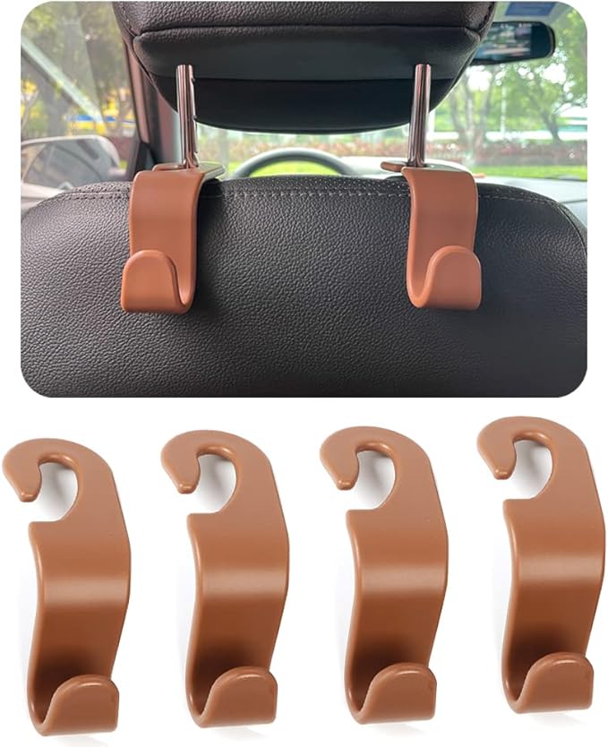 Car Headrest Hook for Purses and Bags 4 Packs, Universal Car Vehicle Headrest Hook,Vehicle Storage Organizer(Brown,4Pack)