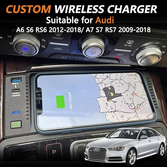 Wireless Car Charger for Audi A6 S6 RS6 2012-2018/ A7 S7 RS7 2009-2018, 15W Fast Charging Phone Charger Pad for Audi A6 C7 Accessory with QC3.0 USB & 27W PD for iPhone 12/13/14 Galaxy S22