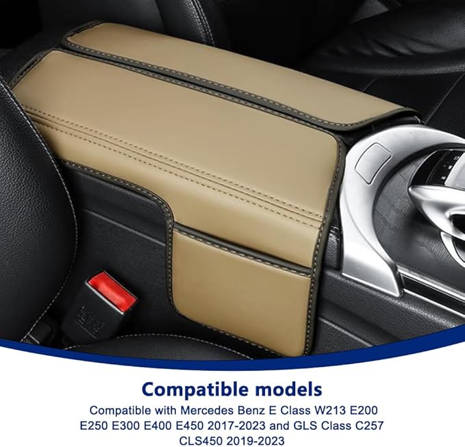 Center Console Cover Compatible with Mercedes Benz E Class W213 E200 E250 E300 E400 E450 2017-2023 and GLS Class C257 CLS450 2019-2023 Armrest Cover Pad Leather Cushion Protector with Pocket