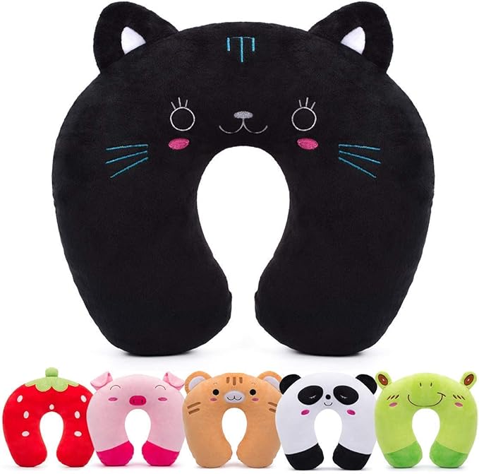 H HOMEWINS Travel Pillow for Kids,Cute Animal Neck Pillow for Boys Girls,Soft Neck Head Chin Support Pillow,Travel Accessories for Airplane, Car, Train,Recline (Black cat)