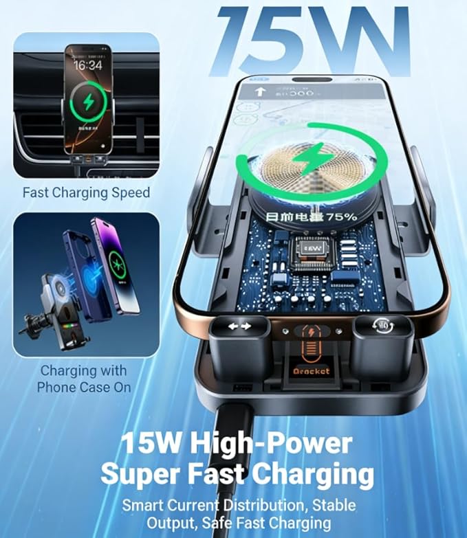 15W Car Air Vent Wireless Charging Phone Mount - Auto-Clamp Qi Fast Charger for iPhone Android, 90° Rotatable Phone Holder for Universal Car Vent Mounting