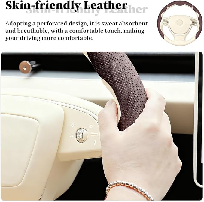 3PCS Car Steering Wheel Cover, Nappa Leather Breathable Non-Slip Segmented Steering Wheel Protector, Snap-on Auto Interior Decoration Accessories, Universal Fit (Brown)