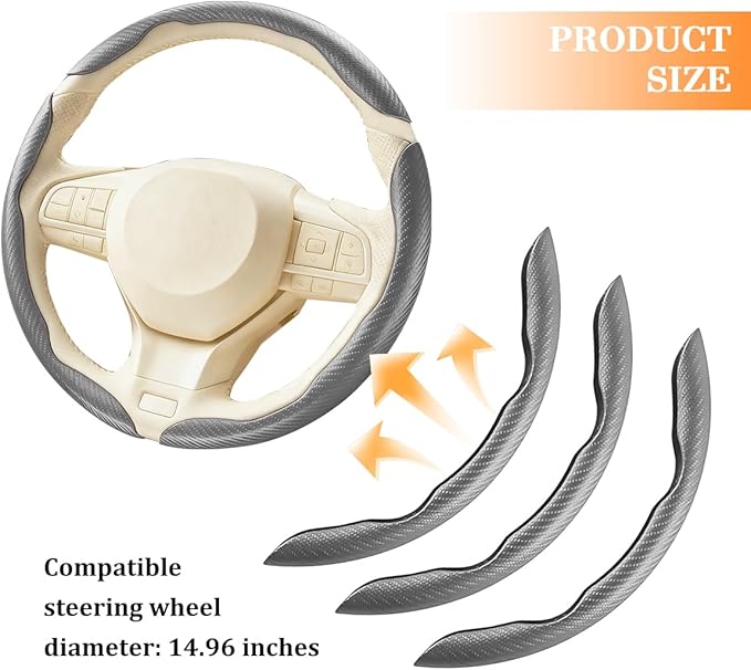 3PCS Carbon Fiber Car Steering Wheel Cover, Leather Segmented Anti-Skid Steering Wheel Protector, Snap on Automotive Interior Protection Accessories, Universal for Vehicles (Gray)
