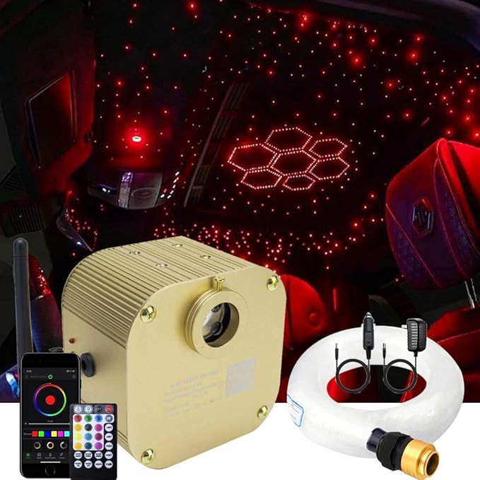 AZIMOM Bluetooth16w Twinkle Fiber Optic Lights Star Ceiling Lighting Kits Mixed 335pcs 13.1ft Fiber Strands End Glow RGBW Music Mode Light Source Car Use Headliner Home Decor