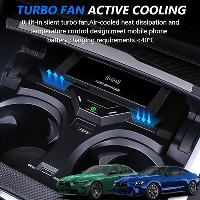 Wireless Car Charger for BMW 3 Series G20 2019-2024, for BMW 4 Series G22 2020-2024, for BMW 2 Series 2022-2024, OEM Custom Fit with 27W USB-A & Type-C Wireless Fast Phone Charging Pad