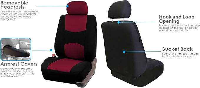FH Group Car Seat Covers Flat Cloth Automotive Burgundy Full Set, Rear Solid Bench Universal Fit Combo Steering Wheel Cover & Seat Belt Pads Car Seat Protector Cars Trucks SUV Interior Accessories