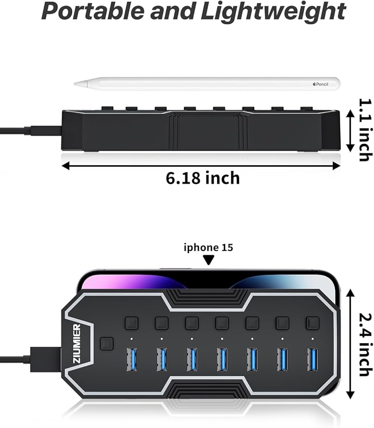 ZIUMIER USB 3.0 Hub,7 Ports USB Expander with RGB LED Strip,USB Hub for Laptop,Individual LED On/Off Switches for Mac, PC, Desktop, Flash Drive, Mobile HDD