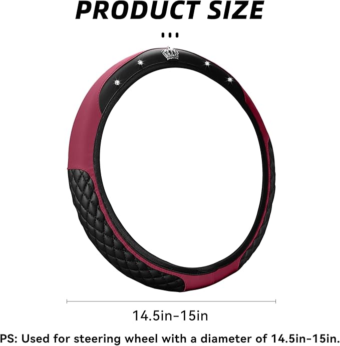 Bling Car Steering Wheel Cover, Diamond Leather Crystal Rhinestones Vehicles Steering Wheel Protector, Sparkling Anti-Slip Automotive Interior Decoration Accessories, Universal Fit (Wine Red)