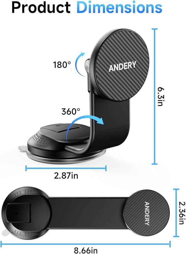 ANDERY Car Phone Holder for MagSafe [360° Adjustable Memory Alloy Arm | 2400gf Strongest Magnetic Power] Bendable Car Mount, Phone Holders for Your Car for iPhone and All Smartphones, Carbon Fiber