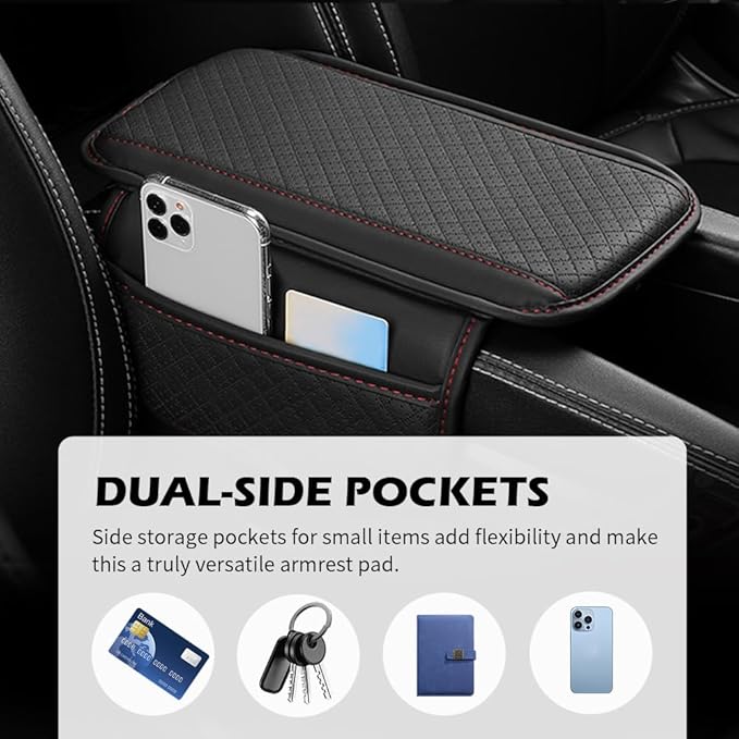 Car Center Console Cover with Storage Bag,Heighted Arm Rest Cover for Car with Square Press Pattern & Air Ventilation Hole for Soft Support,Artificial Leather Cars Middle Console Covers