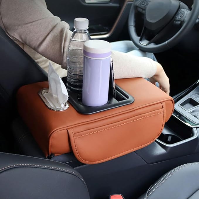 Car Armrest Cushion,5-in-1 Center Console Cover with 2 Storage Bags Cup Holder, Tissue Box Slot, Phone Slot for Car Sedans,Car Interior Accessories for Most Vehicle, SUV, Truck,Cars (Claret)