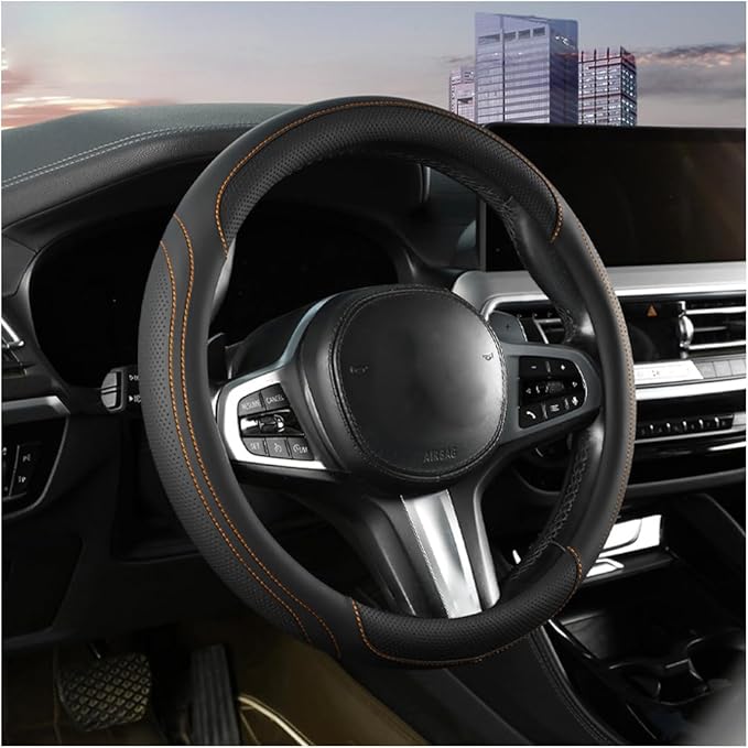 HZEL Car Steering Wheel Cover, 15 Inch Leather Comfortable Vehicle Steering Wheel Protector with Inner Rring, Anti-Slip Automotive Interior Accessories, Universal for SUV RV Truck (Black/Orange)