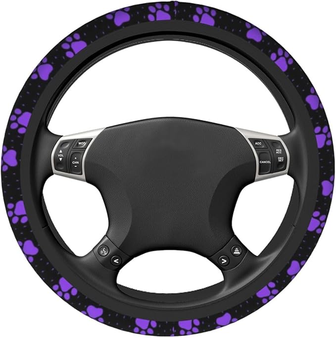 Purple Paw Print Steering Wheel Cover Dog Paw Print Steering Wheel Cover Anti-Slip Breathable Universal for 15 Inch Car with 2 Pieces Car Coasters Suitable for Men Women