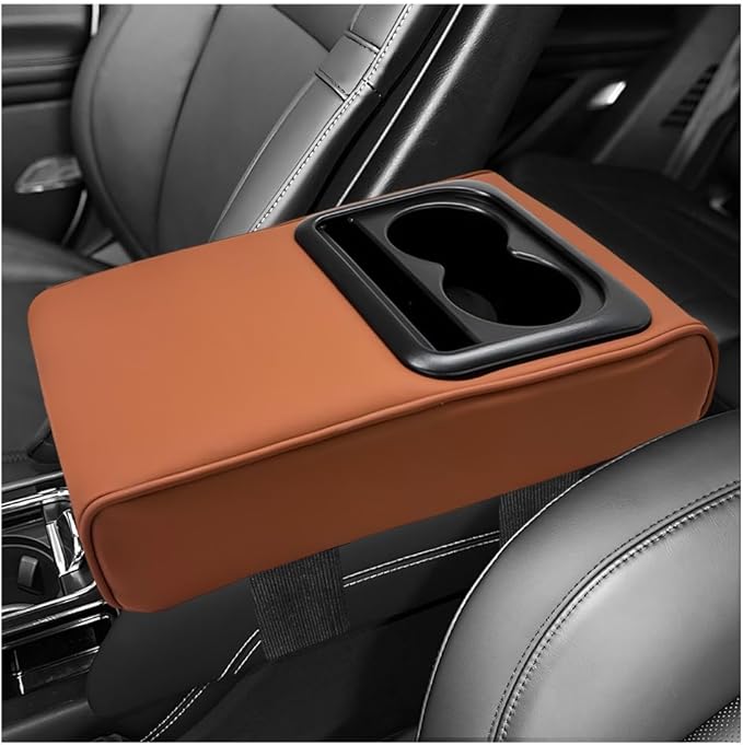 Car Center Console Armrest Pillow, 14"×8.3" Waterproof Leather Armrest Box Cover with Cup and Phone Holder, Soft Memory Foam Arm Rest Console Pad Protector for SUV Truck (Brown, Glossy)