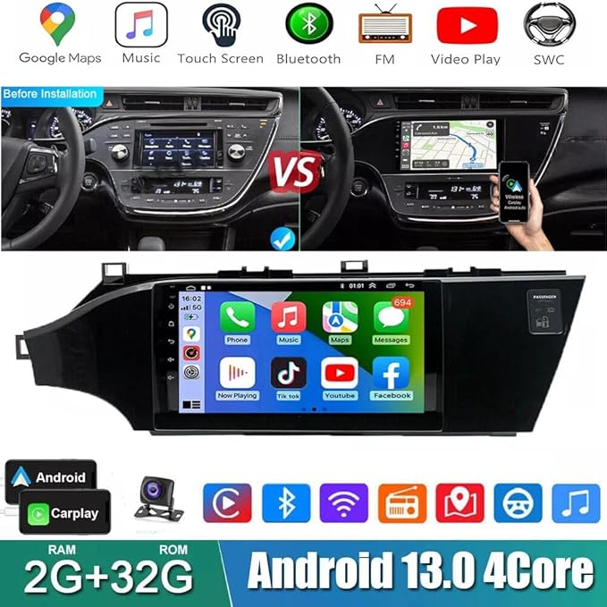Car Stereo for Toyota Avalon 2013 2014 2015 2016 2017 2018 9in Android 13 GPS Navi 2+32G for CarPlay Wireless Android Auto Car Radio w/Bluetooth WiFi FM/RDS SWC Mirror Link + AHD Backup Camera