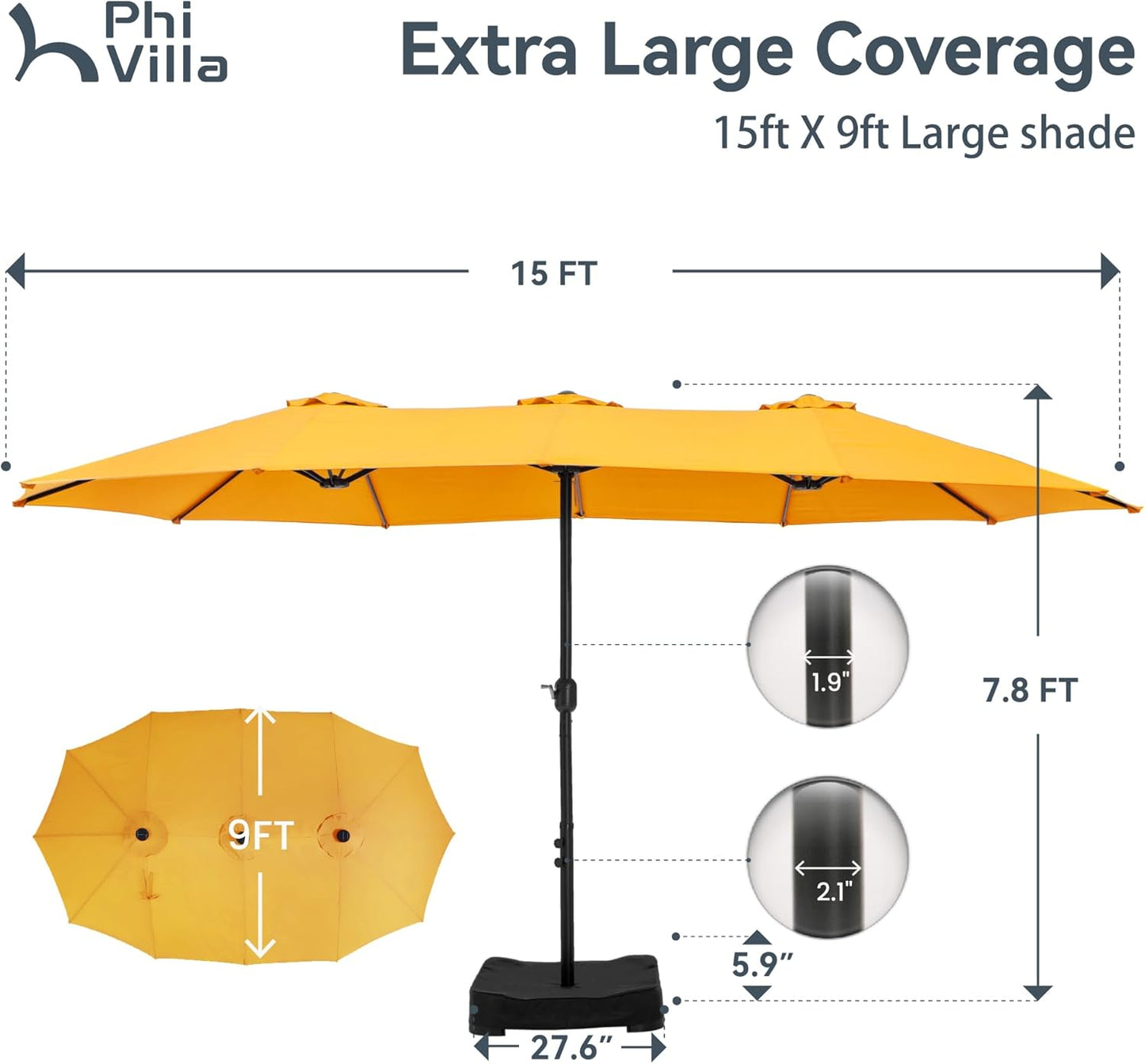 PHI VILLA 15ft Large Patio Umbrellas with Base Included, Outdoor Double-Sided Rectangle Market Umbrella with Stand, Outside Umbrellas for Poolside Lawn Garden, Golden Yellowwith