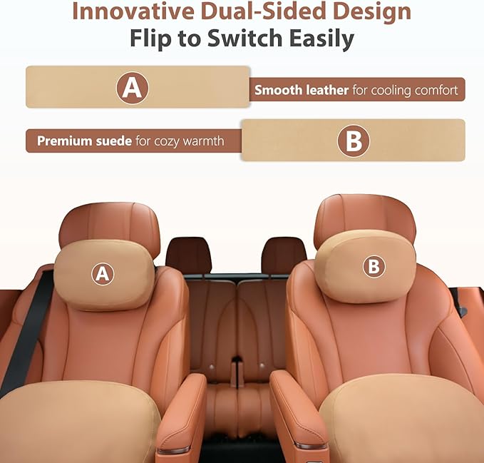 FLORICH Double-sided Car Headrest & Lumbar Support Cushion Skin-friendly Suede & Leather Car Seat Pillow and Back Support Soft Neck & Tailbone Cushion for Car Office Chair Neck Back Pain Relief, Beige