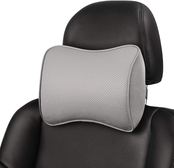 Aukee Car Headrest Pillow Car Memory Foam Car Neck Pillows Soft Leather for Driving Home Office Gray (Pack of 1)