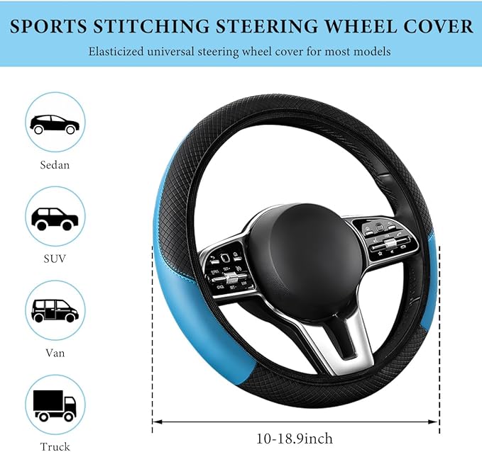 Car Steering Wheel Cover, 15 Inch Anti-Slip Stretch Leather Steering Wheel Protector, Comfortable Breathable Sporty Steering Wheel Cover for Women Men, Car Accessories (Black & Blue, AD)