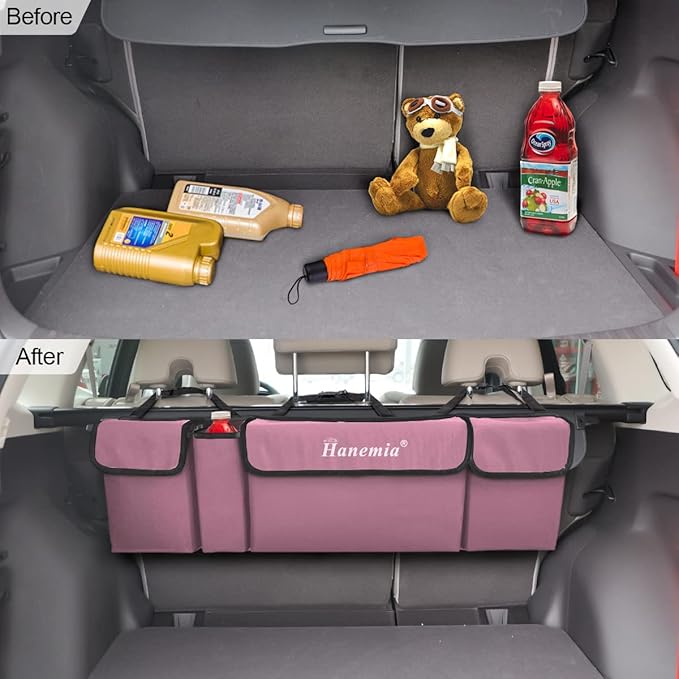 Hanemia Car Trunk Organizer, Backseat Hanging Storage with 4 Large Pockets, Collapsible Cargo Bag with Adjustable Straps Frees Trunk Floor, Sturdy Space Saving Expert for SUV, Truck, Van (Pink)