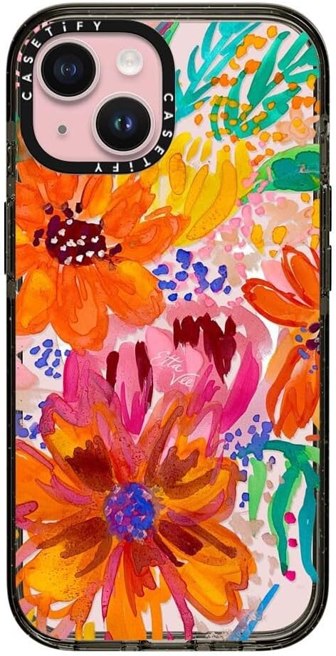 CASETiFY Impact iPhone 15 Case [4X Military Grade Drop Tested / 8.2ft Drop Protection/Compatible with Magsafe] - Paint Prints - EttaVee Watercolor Fleurs - Clear Black