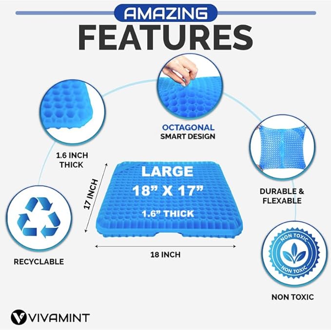 Large Gel Seat Cushion for Long Sitting, Cooling Gel Cushion for Office Chair, Tailbone Sciatica Coccyx Pain Pressure Relief Orthopedic Seat Cushion, Double Handles Non Slip Cover for Car Wheelchair
