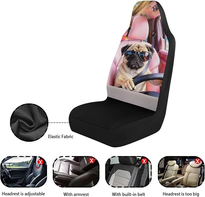 Pug Car Front Seat Covers 2 Pcs Stretch Polyester Fabric Cover Funny Car Seat Covers Protector Anti-Slip Protection Interior Accessories for Most Cars Sedans and SUVs