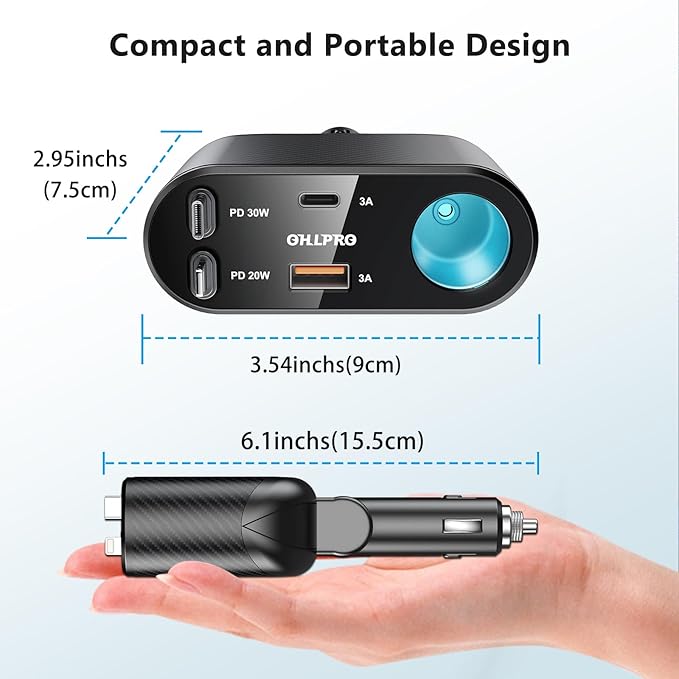 OHLPRO Retractable Car Charger Cigarette Lighter Adapter, 168W 5 in 1 Fast Phone Charging Built-in Replaceable Fuse, Socket Splitter with USB C and USB i Cord, Fit for Phone iPad Galaxy GPS, Black