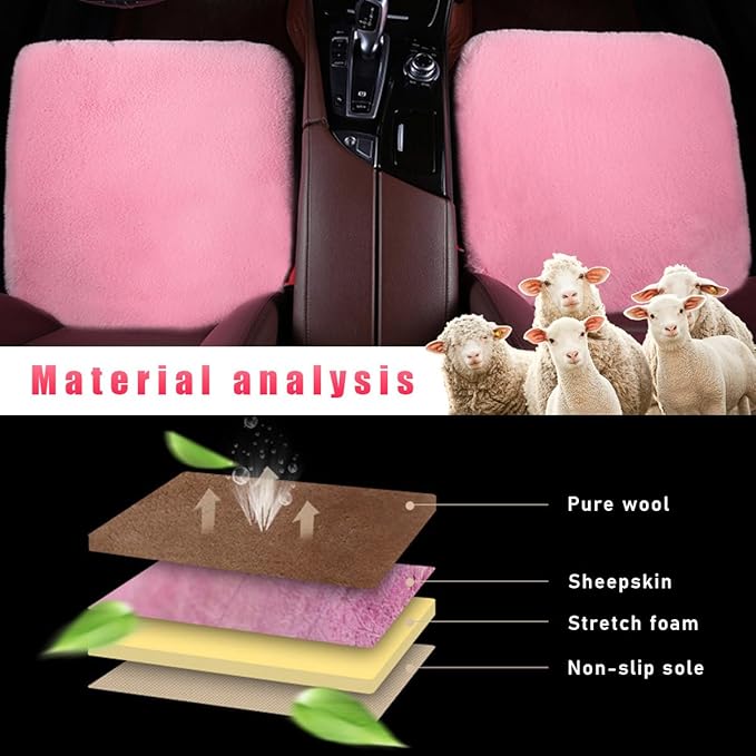 Sheepskin Car Seat Cushion, Comfortable Soft Fur Wool Auto Front Seat Cover, Vehicle Seat Protector Pad for Warm Winter Office Chair, Universal Decor Car Accessories (Pink)