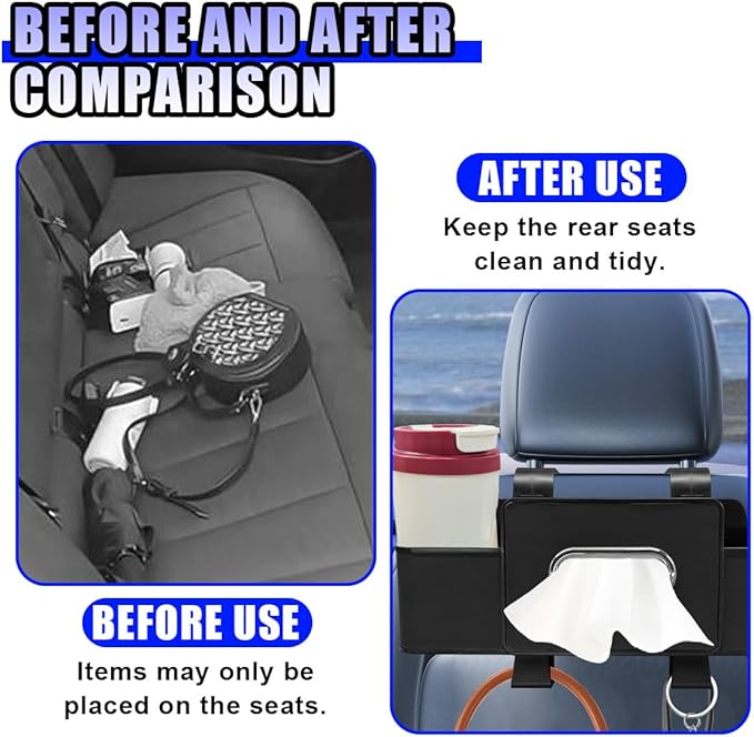 YoRise Multifunctional Car Back Seat Organizer, Leather Automotive Headrest Phone & Tissue & Cup Holder with Hooks, Family Travel Vehicle Backseat Storage Box for Drink, Snack, Handbag (Black)
